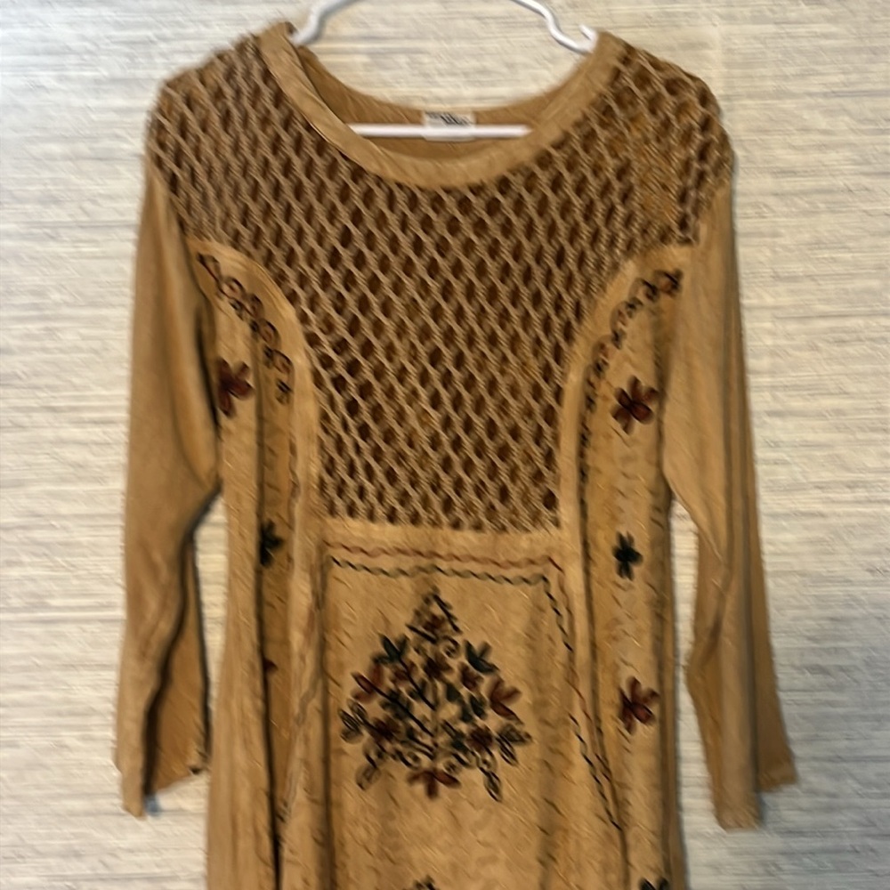 Meetu Magic Mustard Brown Boho Tunic Top Free Size | Embroidered Rayon Y2K (768) - Picture 5 of 8